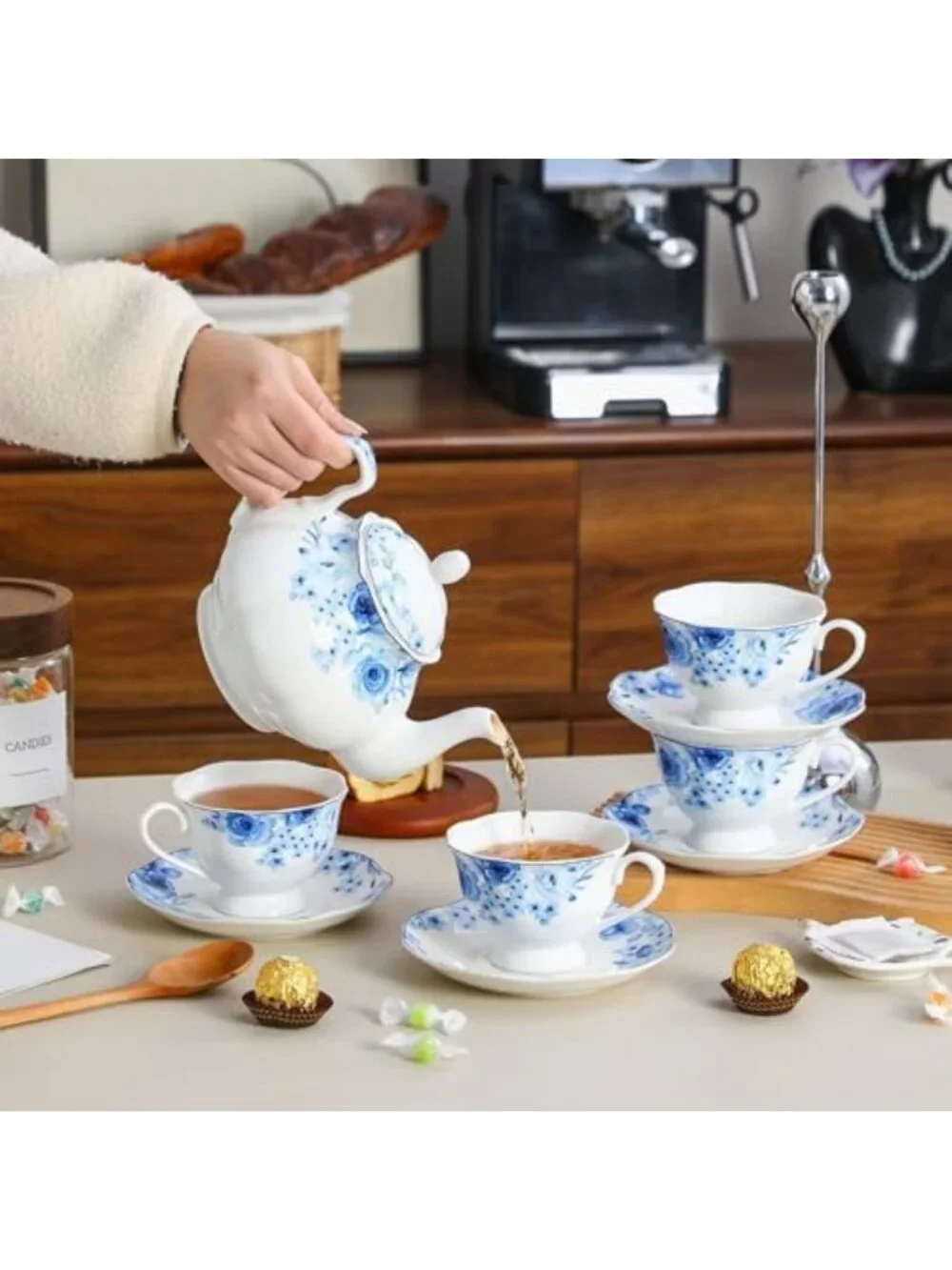 Elegant Blue Floral Porcelain Tea Cup & Saucer Set of 6 - Perfect for Tea Lovers